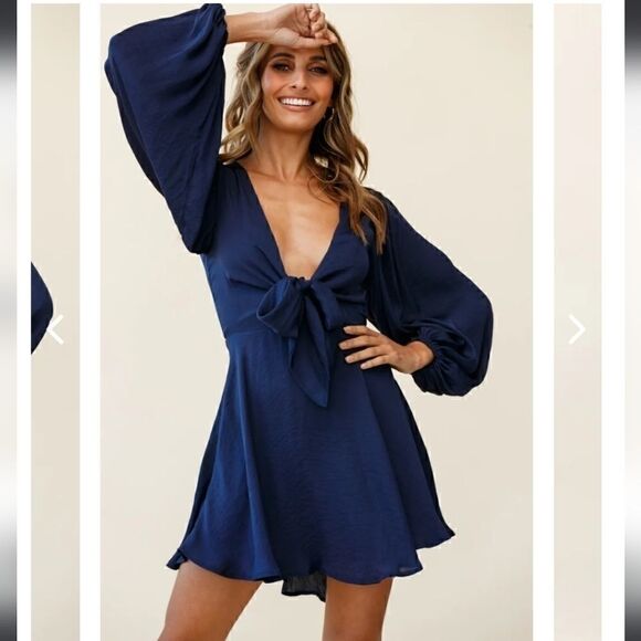 NWT SAINTS + SECRETS Balloon Sleeves Tie Front Flowy Navy Mini Dress Size Small - Picture 16 of 16